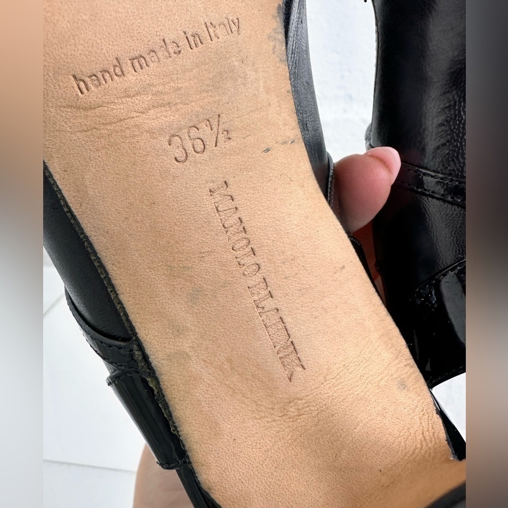 Manolo Blahnik Black Leather Printed Slingback Peep Toe Pumps – Size 36.5 Gift - Picture 12 of 13